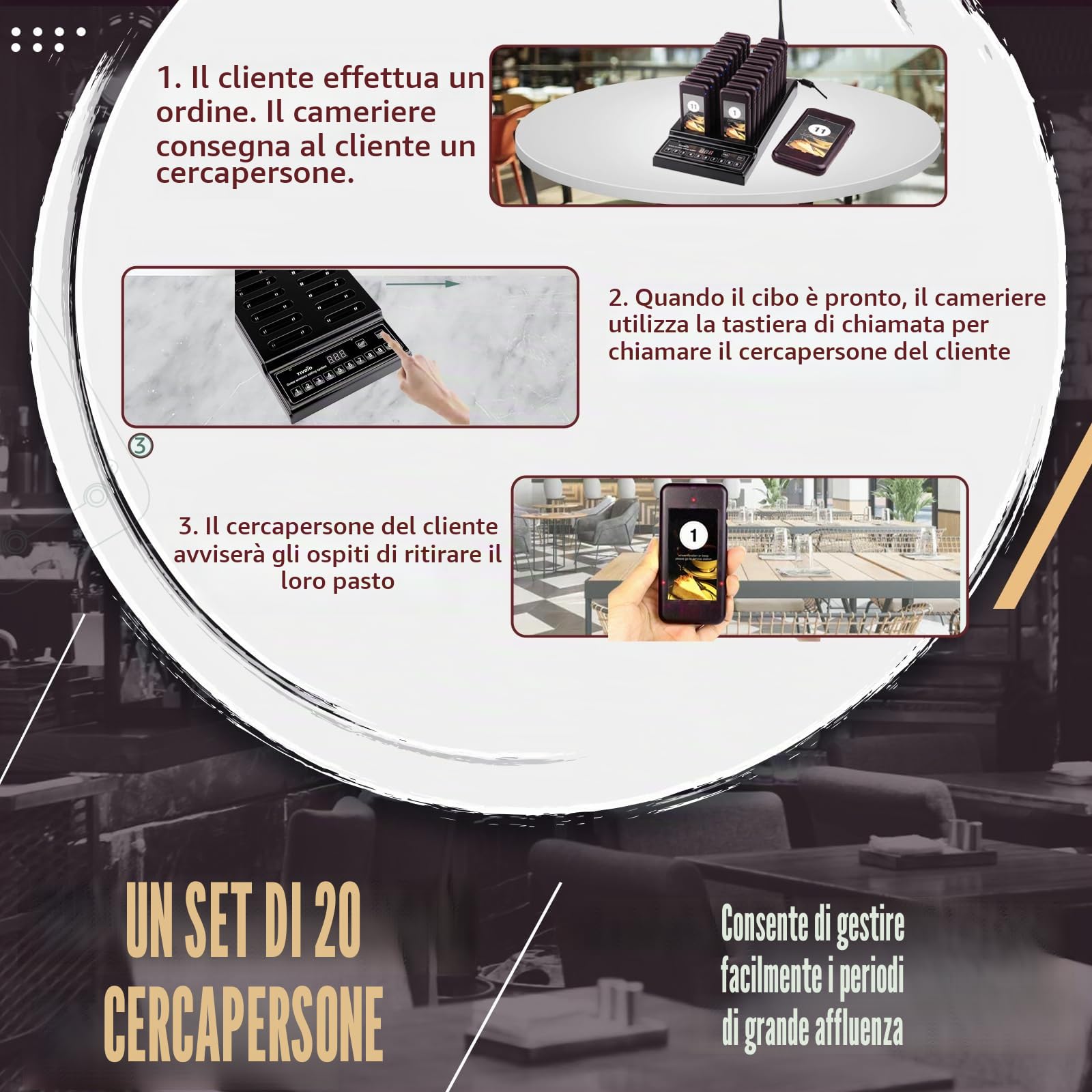 Retekess T112 Cercapersone Ristorante, 500M Pager Ristorante, 20 Cercapersone, 360 mAh 36H, Stabile e Durevole, Con Pulsante Muto, 3 Modalità di Chiamata, Cicalino per Ristorante, Pizzeria, Bar
