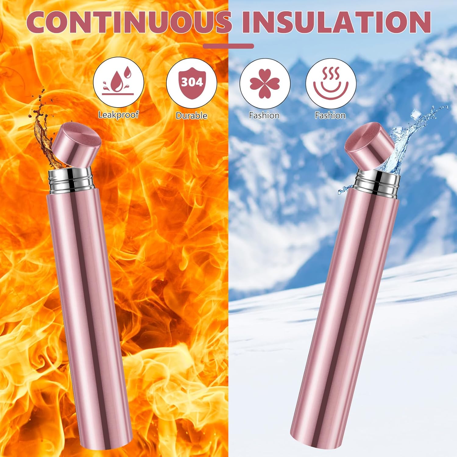 Vesici 1 Pack Slim Water Bottle 8.8 oz Small Stainless Steel Purse Compact Insulated Water Bottles Camping Travel Backpack Pocket Flask for Car Cold Coffee Tea (Rose Gold) - Image 4