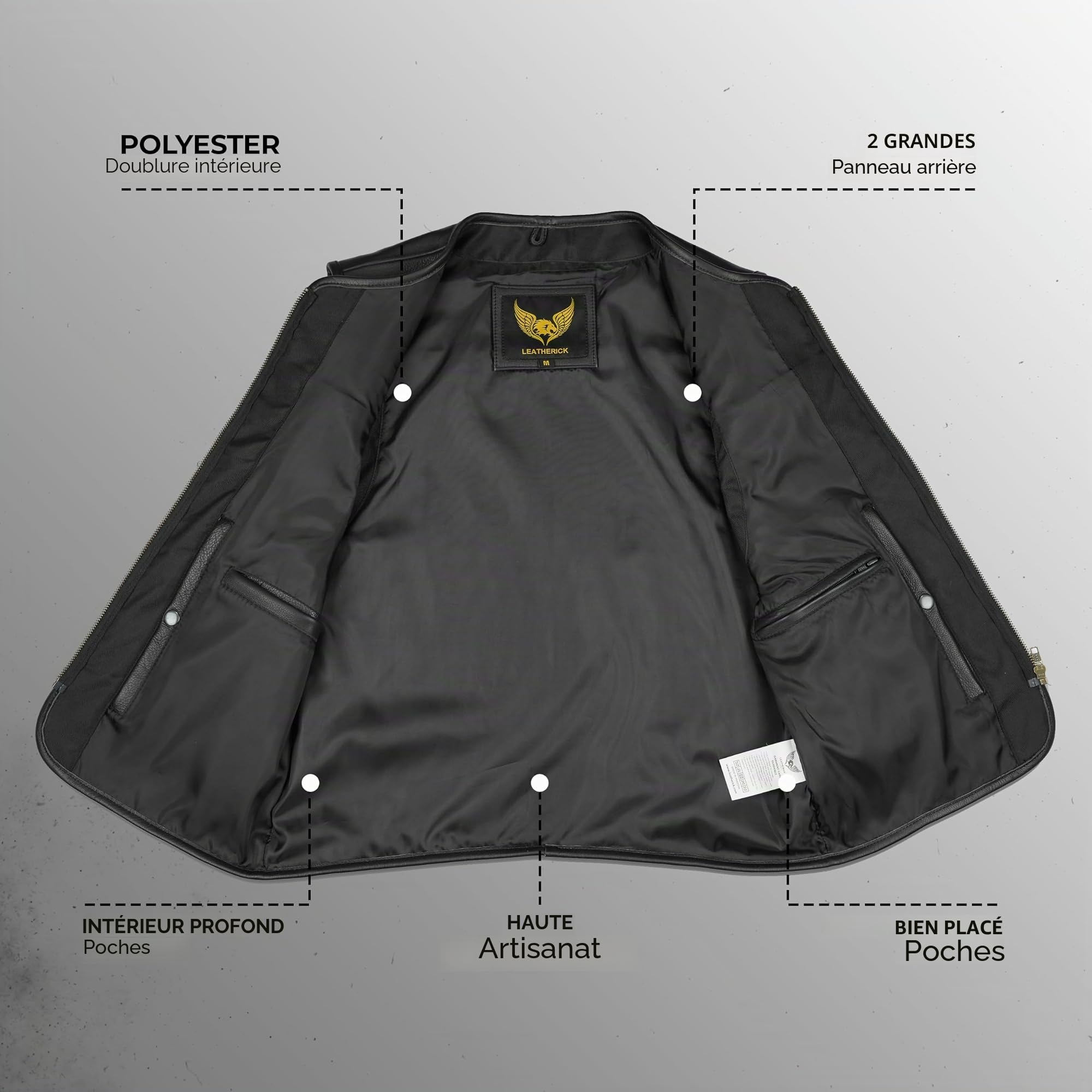 Leatherick Gilet de moto en cuir de vache véritable pour homme – Gilet de motard classique avec fermeture éclair sur le