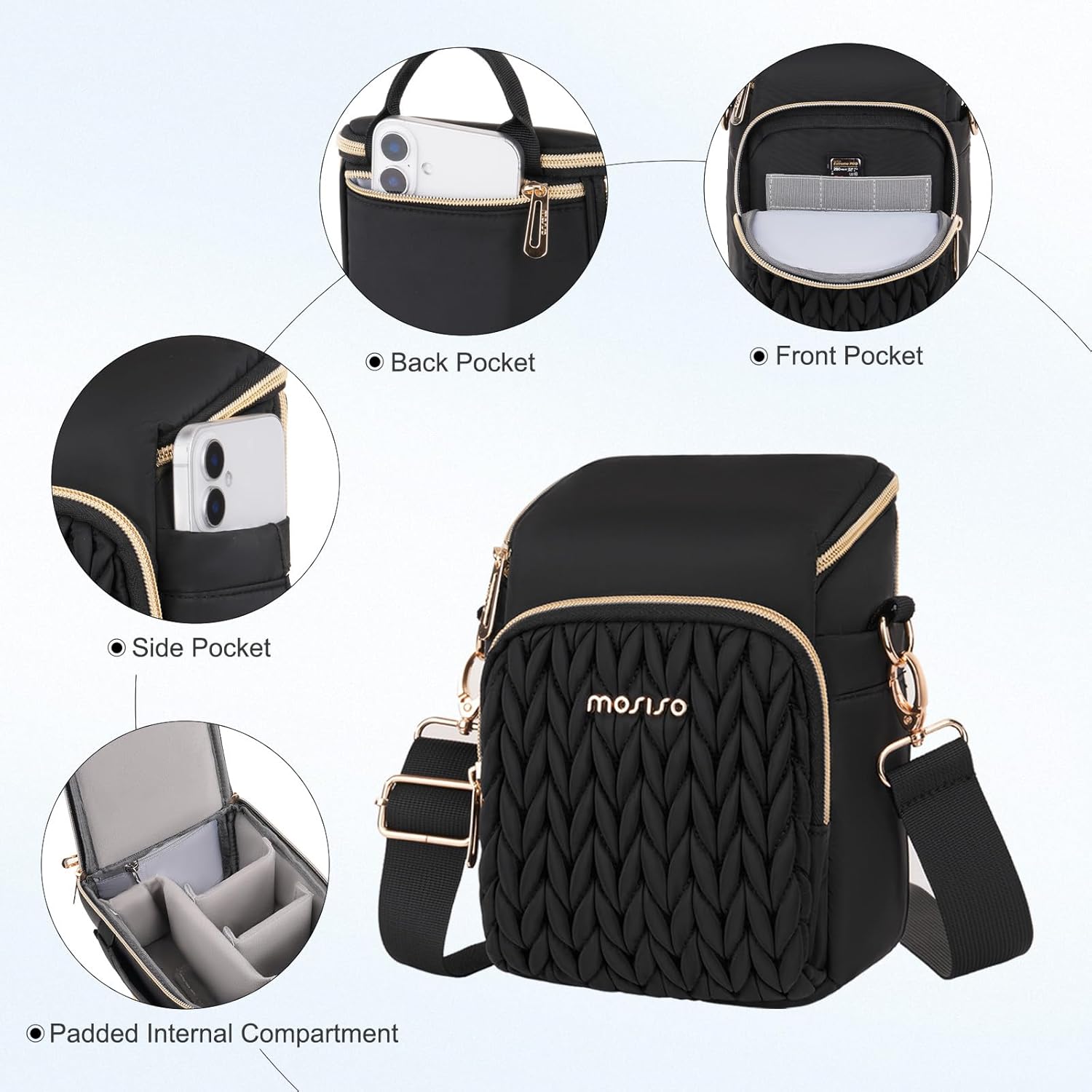 MOSISO Camera Bag, Small Dual Access Crossbody Shoulder Bag for Mirrorless/Digital Cameras, Wheat Ear Quilted Padded Camera Case with Rain Cover, Photography Purse for Canon/Nikon/Sony, Black
