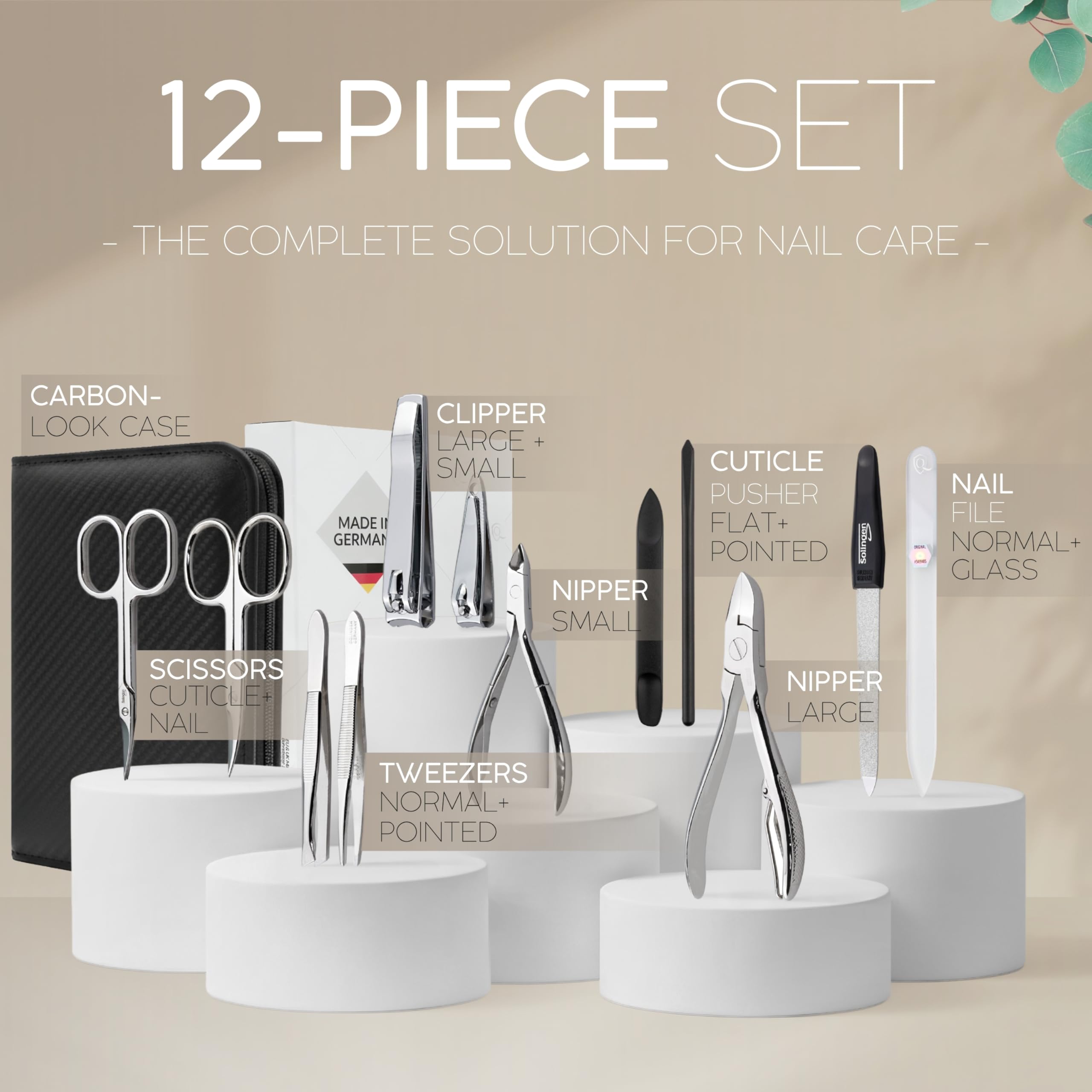 Solingen Set per Manicure Professionale – Include Pinza, Lima in Vetro e 12 Pezzi di qualità. Custodia in Pelle, strumenti Made in Germany, perfetti per Unghie curate. Elegante e pratico