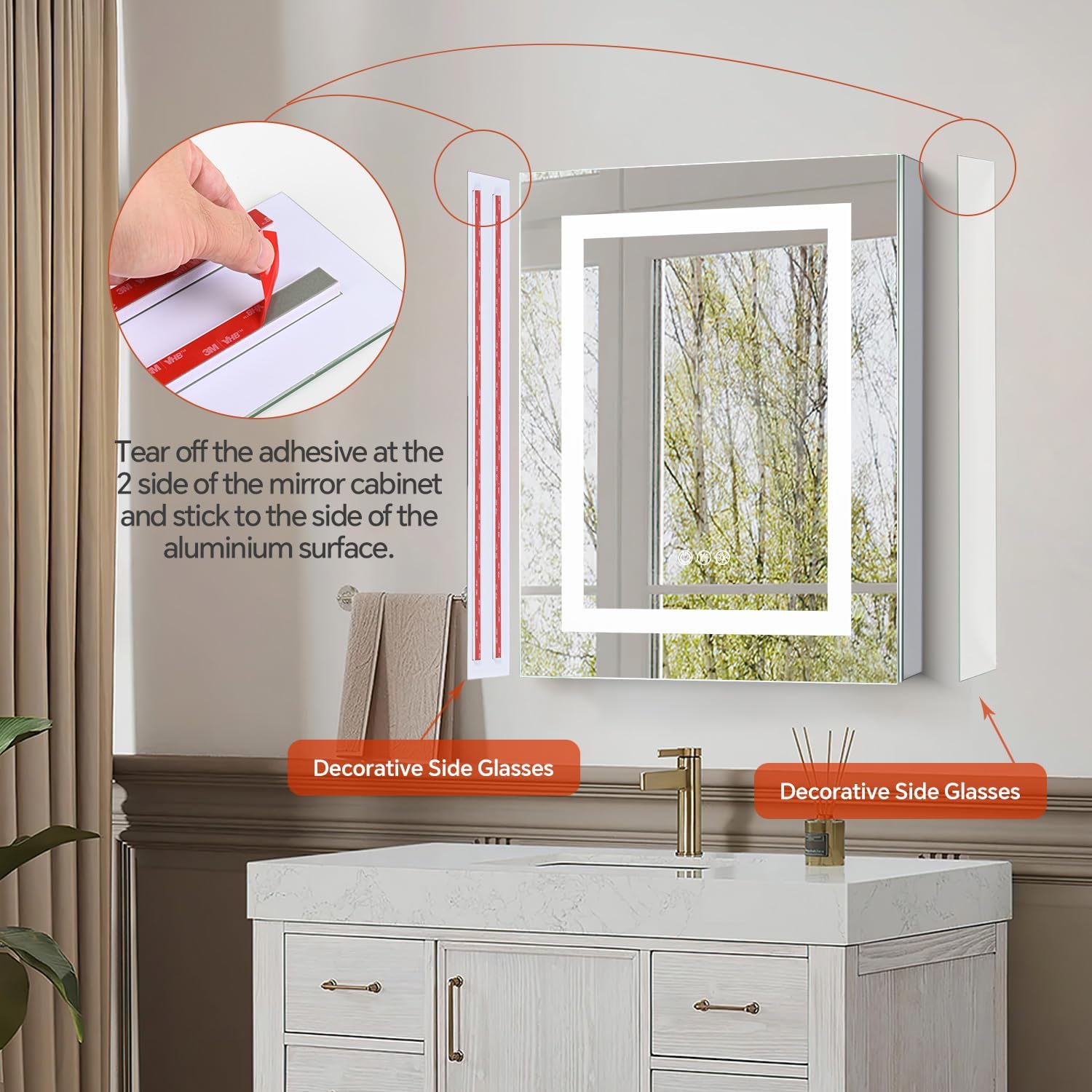 24 x 30 LED Lighted Medicine Cabinet with Lights, Recessed or Surface Wall Mount Medicine Cabinet Mirror for Bathroom with Storage, Outlets & USB, Tempered Glass, 3-Color Dimming, Adjustable Shelf