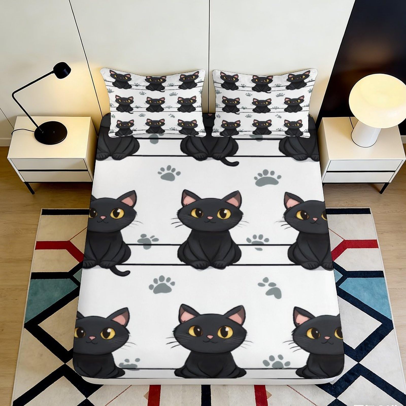 3D Printed Black Cat Pattern Fitted Sheet Microfiber Soft Breathable Paw Prints Bed Cover for Bedroom Dormitory Guest Room Mattress Protection 120x200x25cm