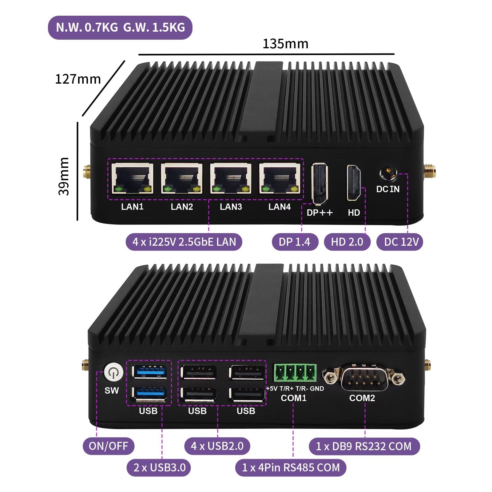 Firewall Mini PC N100 4 Lan, DDR4 4GB RAM 64GB SSD, Fanless Computer Micro Router Appliance Support Windows OPNsense, HD, DP, 6USB Port, 2COM, WiFi, BT4.2