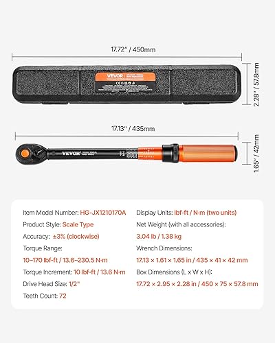 Miniatura 94 de VEVOR Llave dinamométrica de clic de 1/2 pulgada 25-250ft.lb/34-340n.m, juego de llaves dinamométricas ajustables de doble dirección, juego