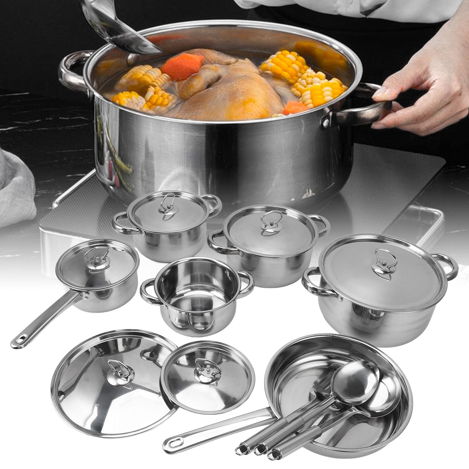 Acouto Juego de Utensilios de Cocina de Acero Inoxidable, Ollas y Sartenes Pequeñas para Cocinar con Asas a Prueba de Calor, Apto para Horno de Inducción para Freír, Hervir y Guisar