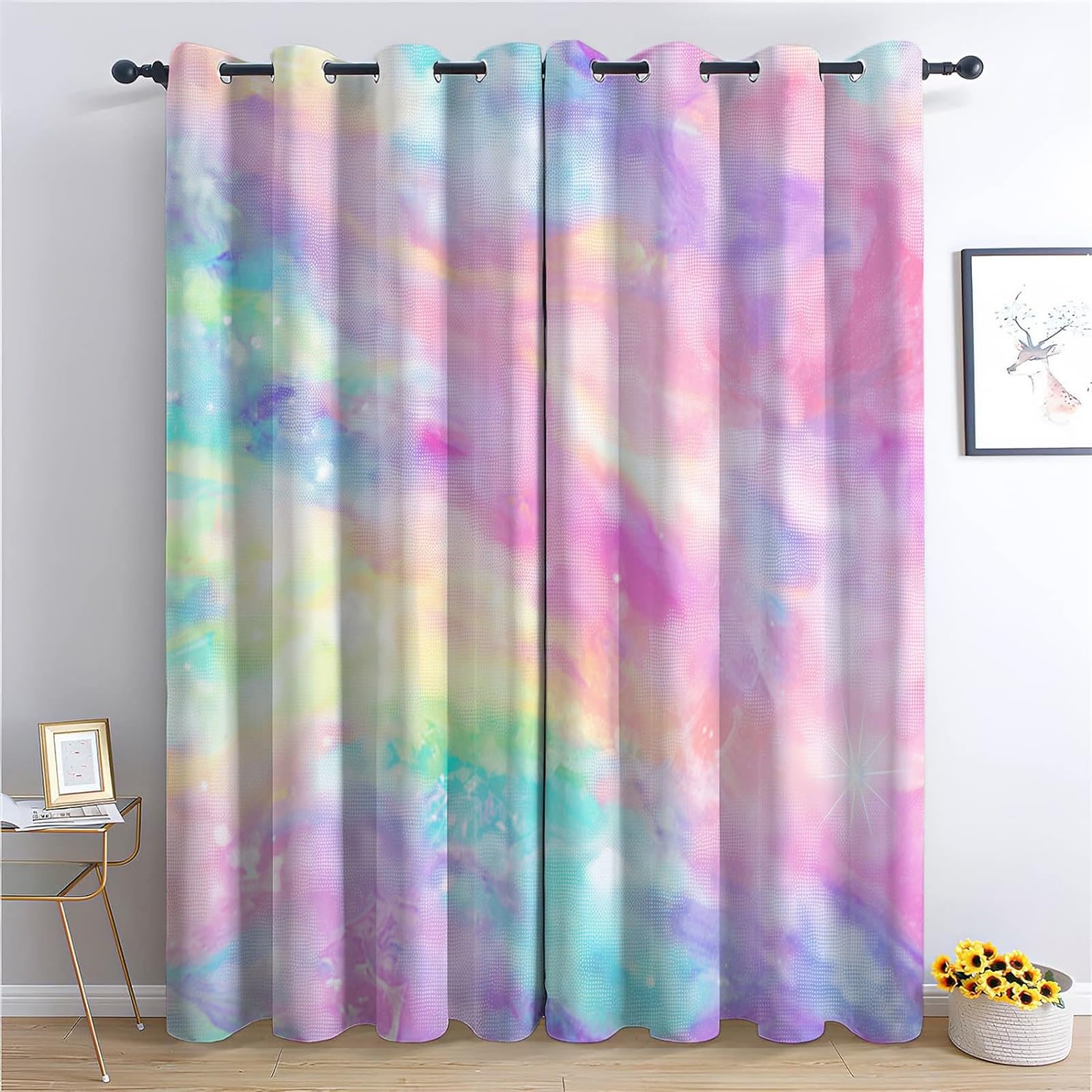 Blackout Curtains Bedroom 92x72 in, Dreamy Rainbow Tie Dye Printing Thermal Insulated Curtains, for Kids Room Living Room Decorate, Colorful Polyester Washable Curtain — image 1