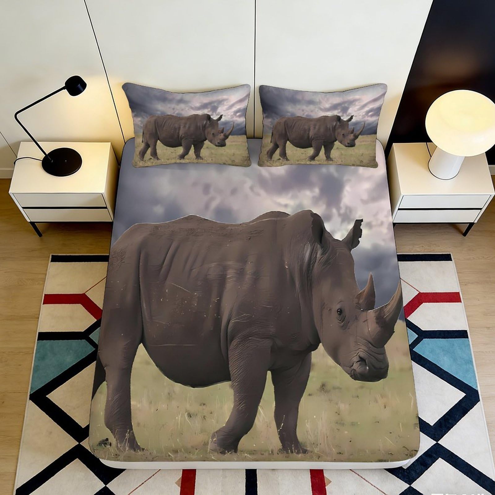 3D Printed Rhino Animal Fitted Sheet Microfiber Durable Soft 3D Printed Wildlife Bed Cover for Bedroom Dormitory Guest Room Mattress Protection 180x200x25cm