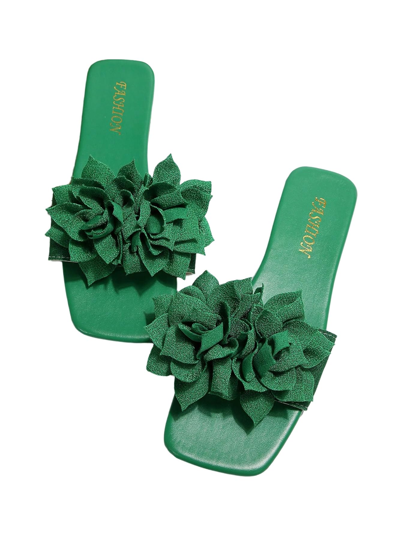 Women's 3D Floral Flat Sandals Dressy Square Open Toe Sandals Single Band Casual Slip on Slides