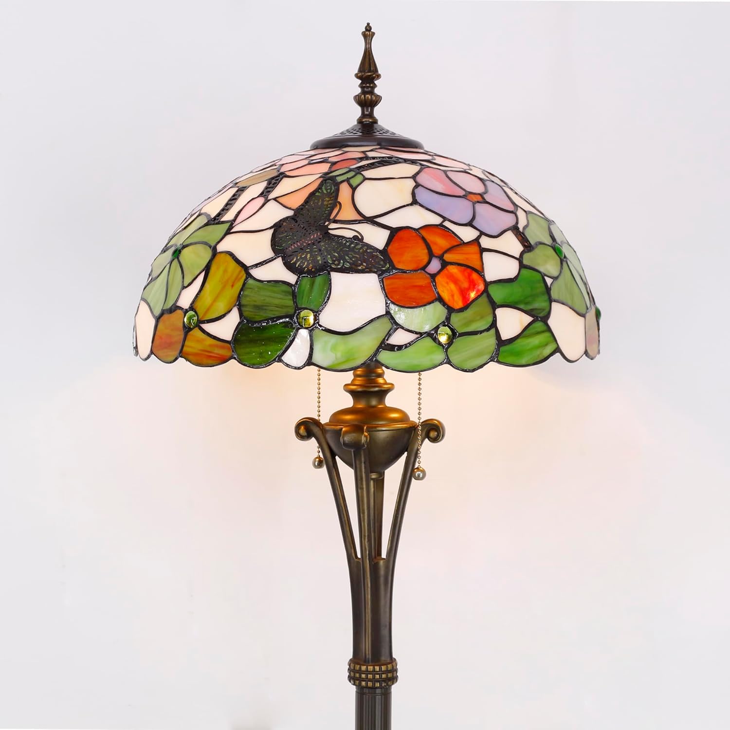 Tiffany Floor Lamp Butterfly Flower Stained Glass Standing Reading Light 16X16X70 Inches Antique Pole Corner Lamp Decor Bedroom Office Living Room