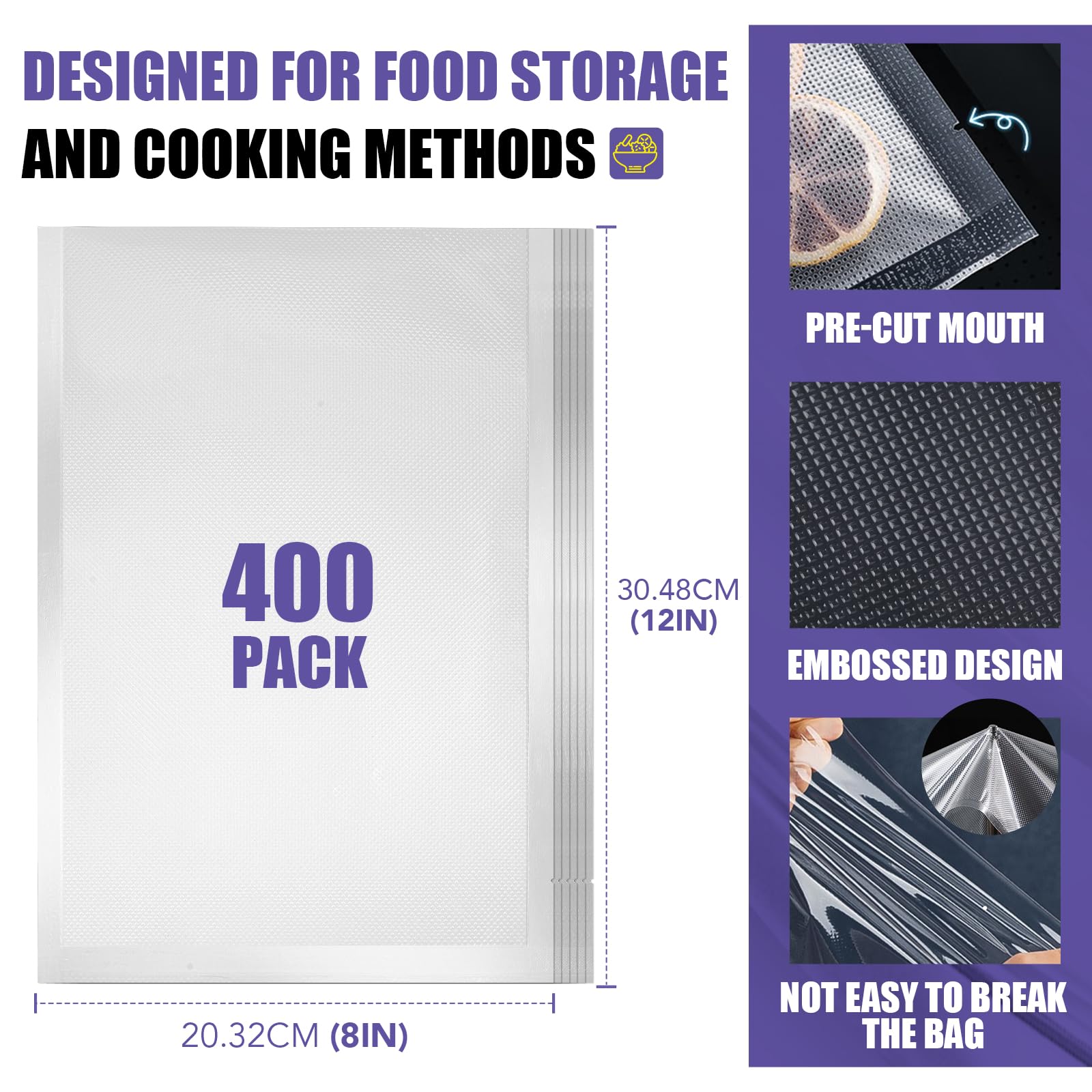CAREGY Paquete de 400 bolsas selladoras al vacío de 8 x 12 pulgadas sin BPA para almacenamiento de alimentos, preparación de comidas o Sous Vide