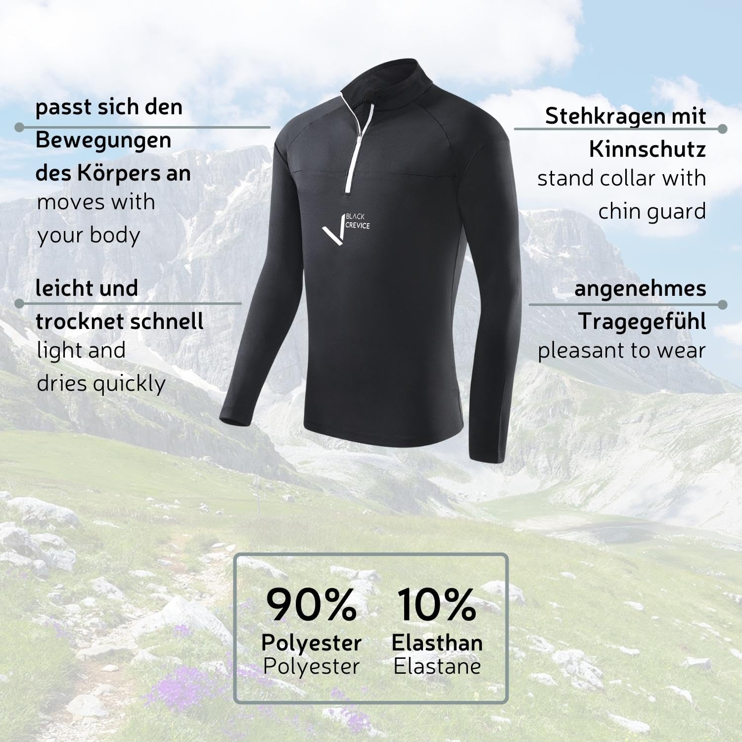 Black Crevice Camiseta Funcional con Cremallera para Hombre Camiseta Hombre