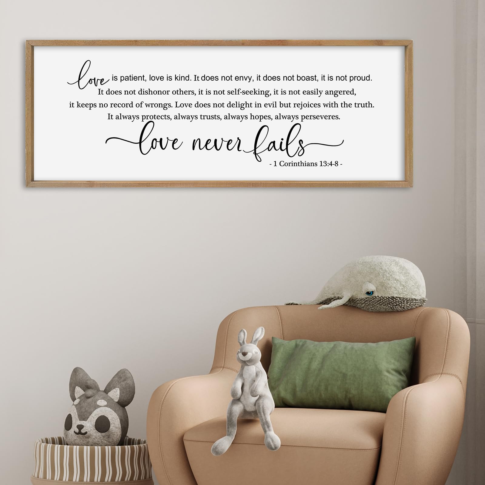 SRSZHIYUE Decorazione da parete con scritta "Love is Patient Kind", 101,2 x 38,2 cm, con cornice in legno cristiano, grande decorazione da parete in legno (legno)