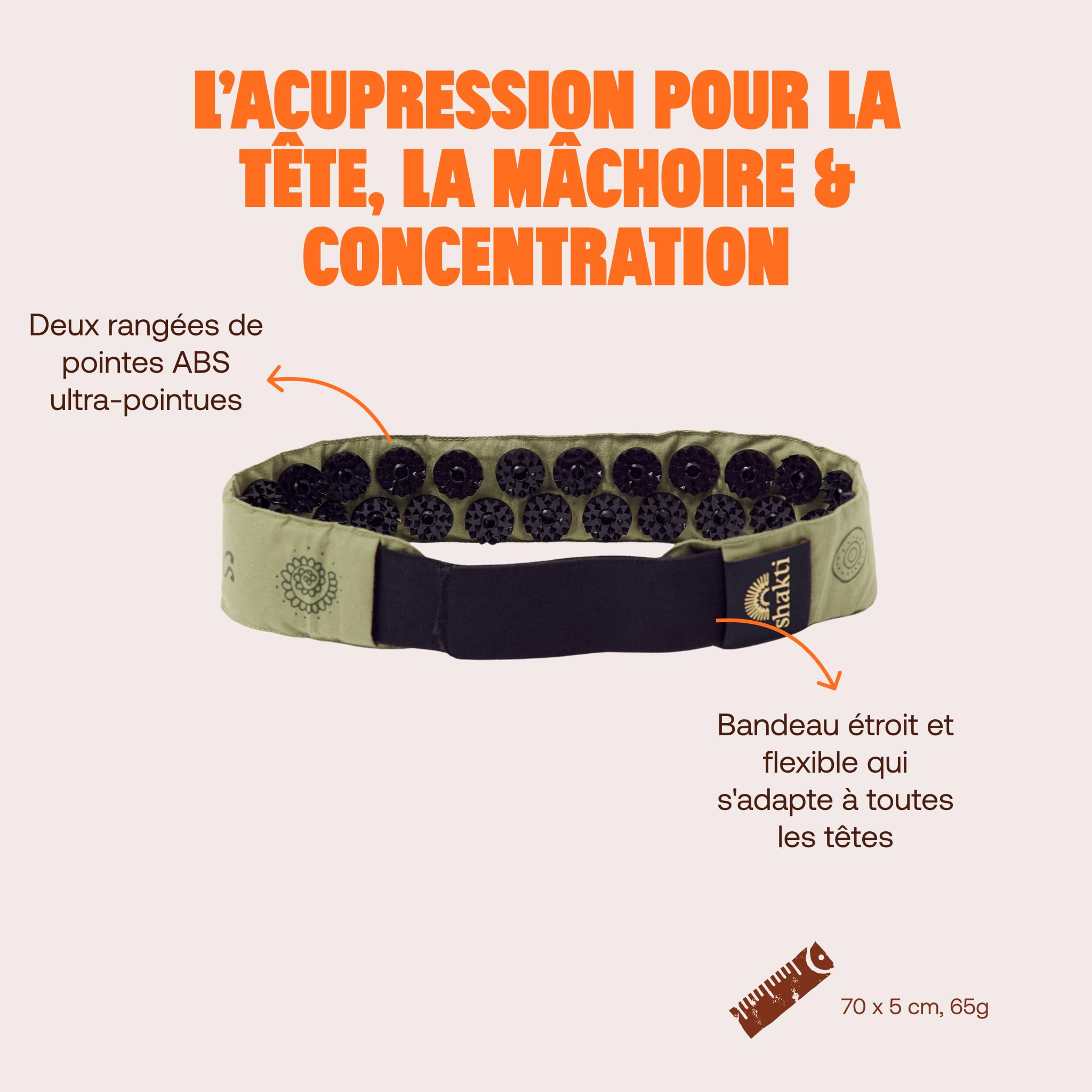 ShaktiMat [L'original] Bandeau Acupression - Coton Biologique - Fabrication éthique - Soulage Migraines & Maux de tête - Améliore circulation sanguine & Sommeil - Anti-Stress - Vert Sauge
