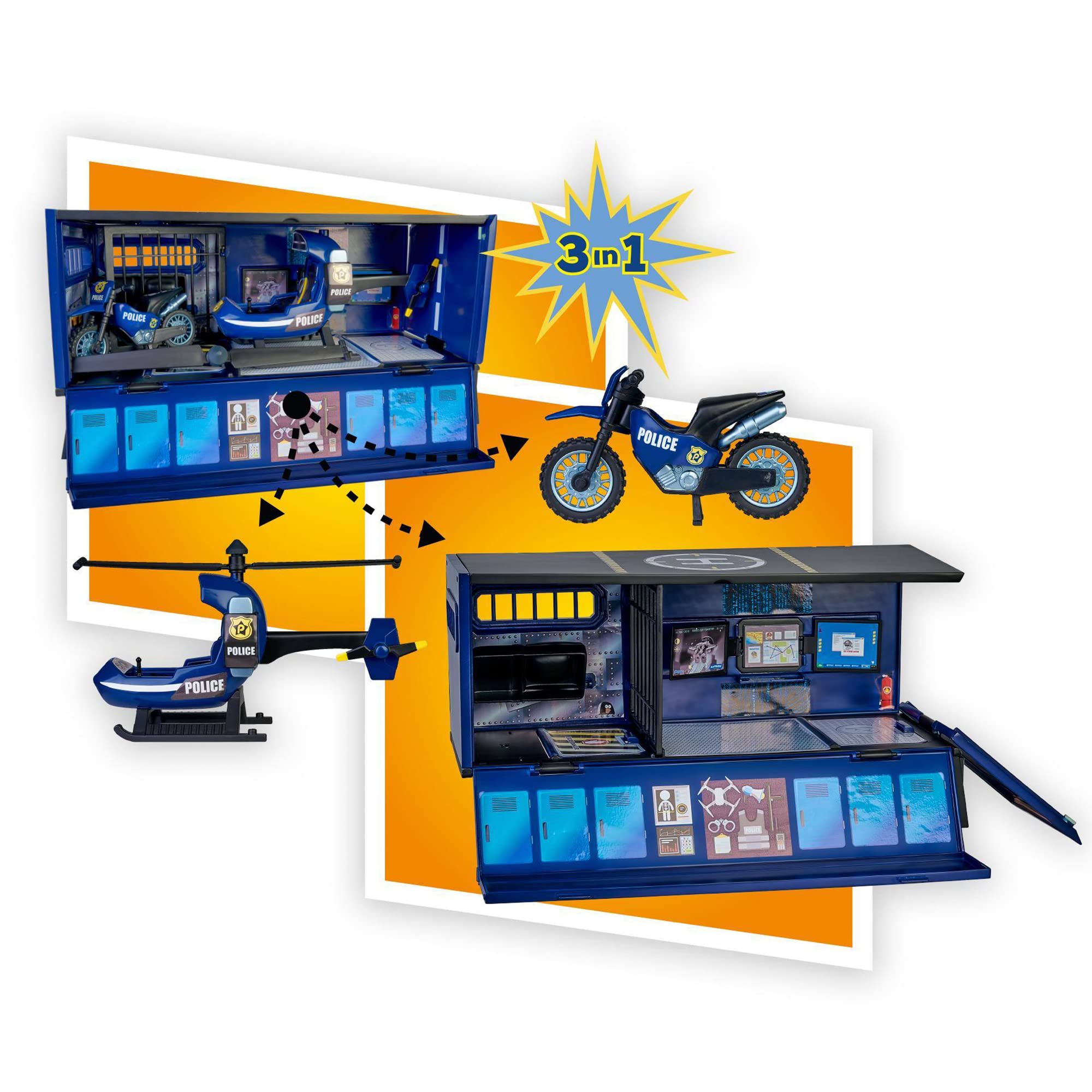 Pinypon Action - Super samochód policyjny, samochód zabawka z 3 w 1 światła, pojemnik i scena gry, 1 motocykl, 1 mini helikopter, 2 figurki, policja i więzień i akcesoria, Famosa (700017344)