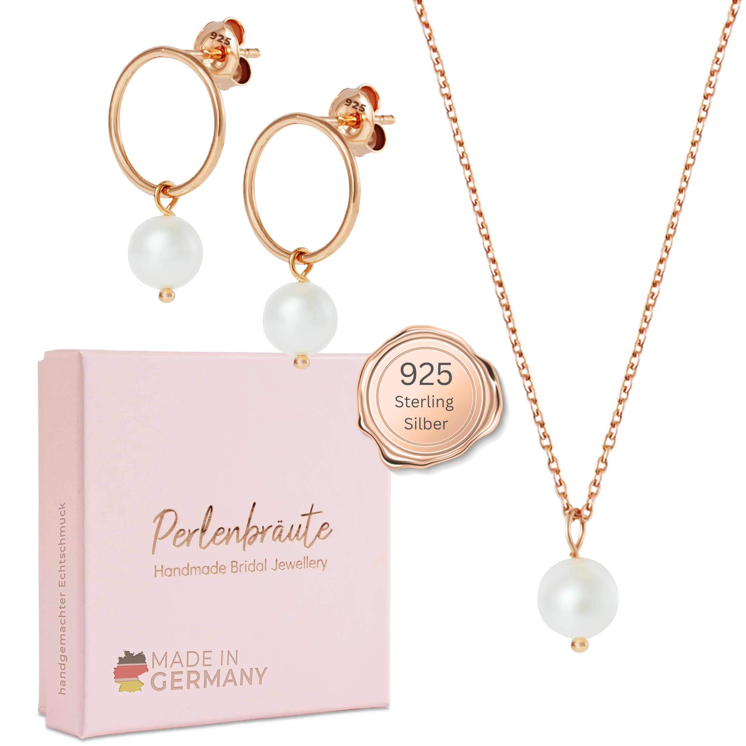 Schmuckset mit Perlen Hochzeit – premium 925 – Schmuckset Braut rose – hochwertiger Brautschmuckset Perlen – Damen Schmuck roségold Braut – Brautohrringe, Set rose