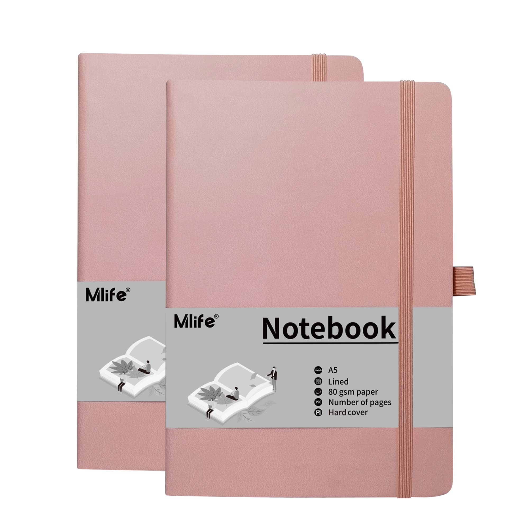 Mlife A5 Notatnik w linie-2 Pack,80 GSM Gruby papier z 192 stronami, Notatnik z twardą okładką PU z wewnętrzną kieszenią, Elastyczna opaska, Notatniki do pisania w biurze, szkole, domu i firmie