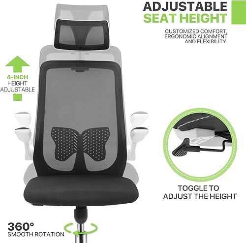 Miniatura 6 de Magshion Silla de oficina, función de inclinación, reposacabezas ajustable con brazos abatibles, soporte lumbar, silla de oficina, sillas de