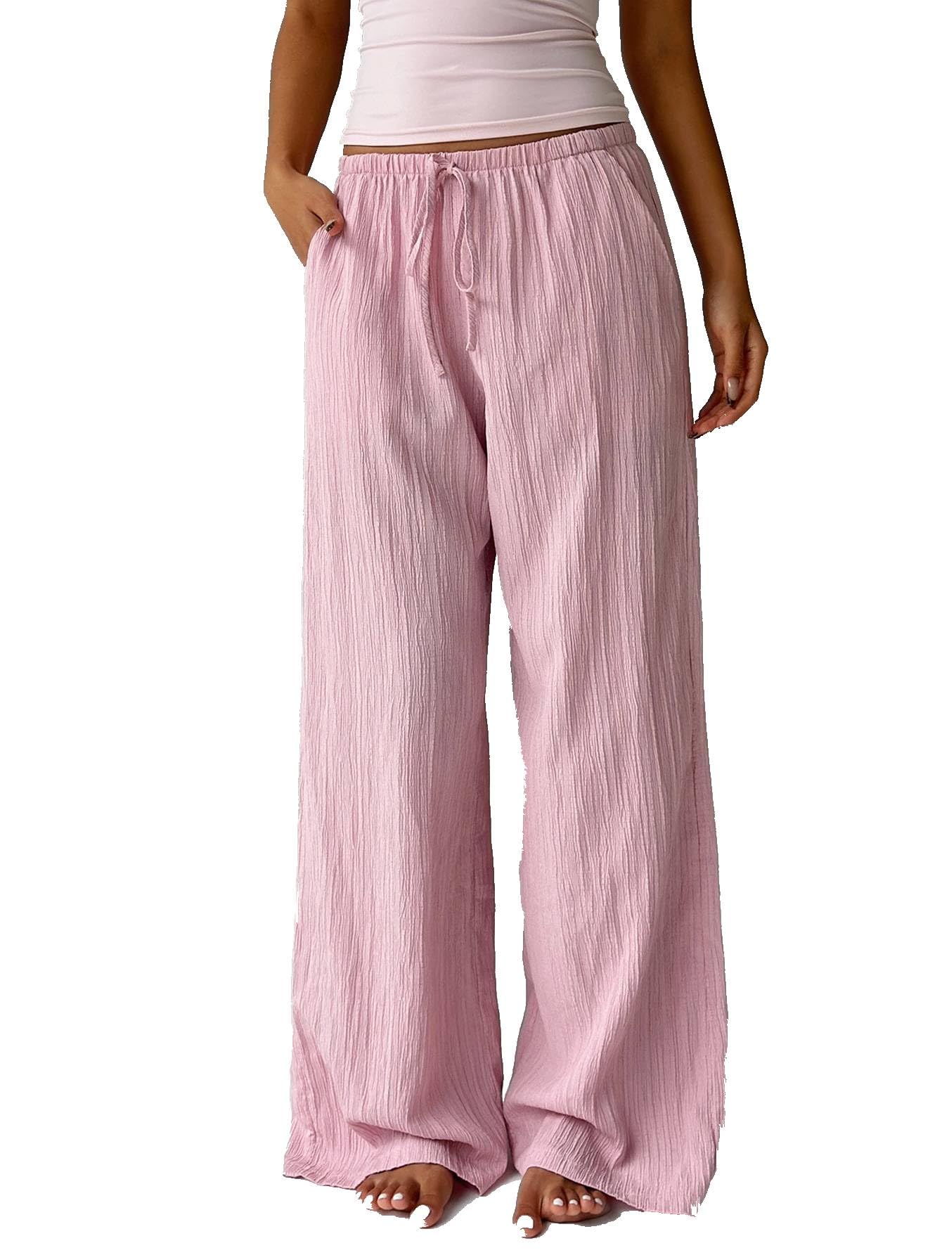 SHENHE Womens Summer Wide Leg Low Rise Pants Elastic Waist Textured Loose Trousers with Pockets