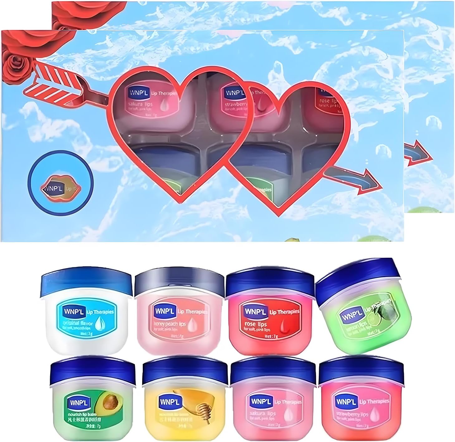 16pcs Lip Balm, Lip Balm Multipack with 8 Flavors, Set for Dry Cracked Lips, Mini Gift Set, Includes Honey, Avocado, Rose, Sakura, Peach, Lemon, Strawberry, 7g Each