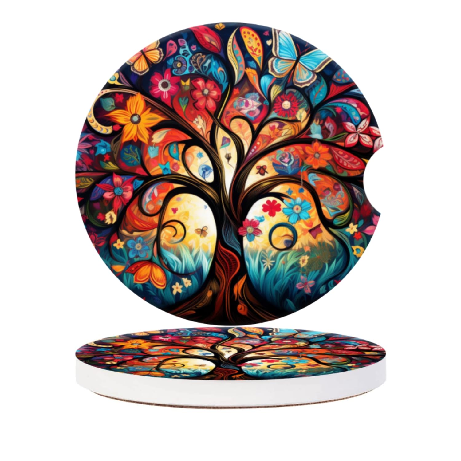 Car Cup Coasters for Cup Holders-Tree of Life with Vibrant Colors,Ceramic Cup Coasters with Finger Notch & Cork Base - Anti-Slip Car Interior Accessories for Women Men Pack of 2, 2.56In