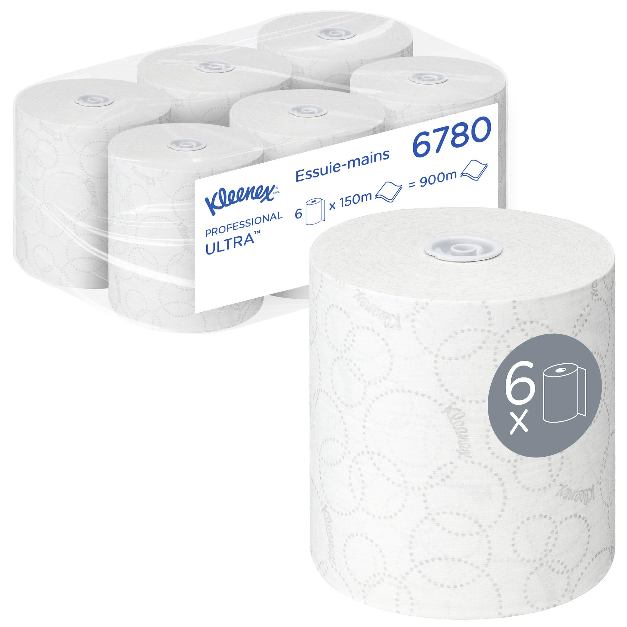 Kleenex® Ultra Essuie-Mains Roulés 6780 – Papier à 2 Épaisseurs, Airflex™, Gaufré, Recyclé – 6 Rouleaux x 150 m (600 Feuilles Total)