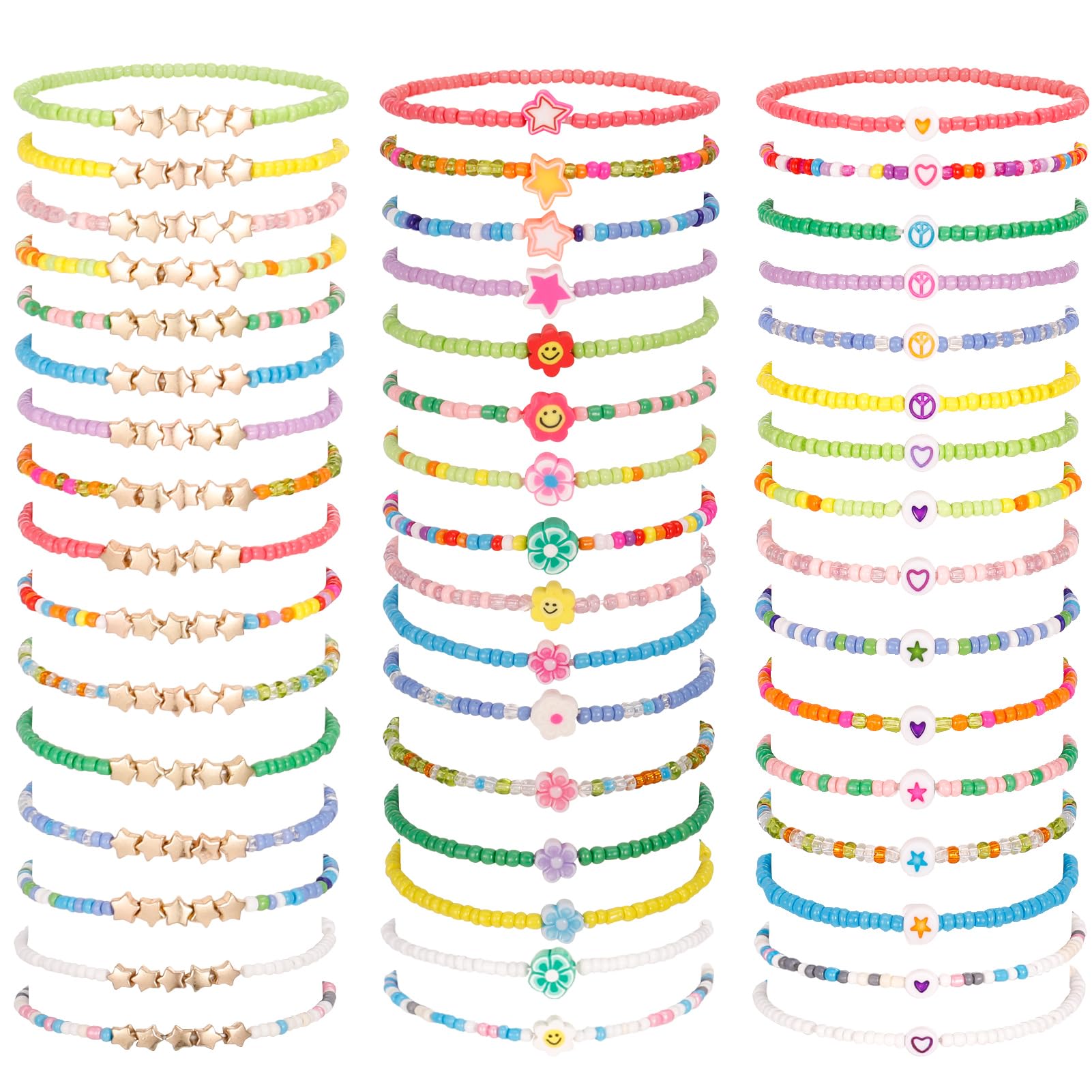 Guiqulai 48 Pcs Kids Friendship Bracelet Set,Colorful Adjustable Beaded Bracelets,Cute Stretch Preppy Bracelets,Stackable Clay Surfer Bracelets Set,Pretend Play Beaded Bracelets for Girls Women