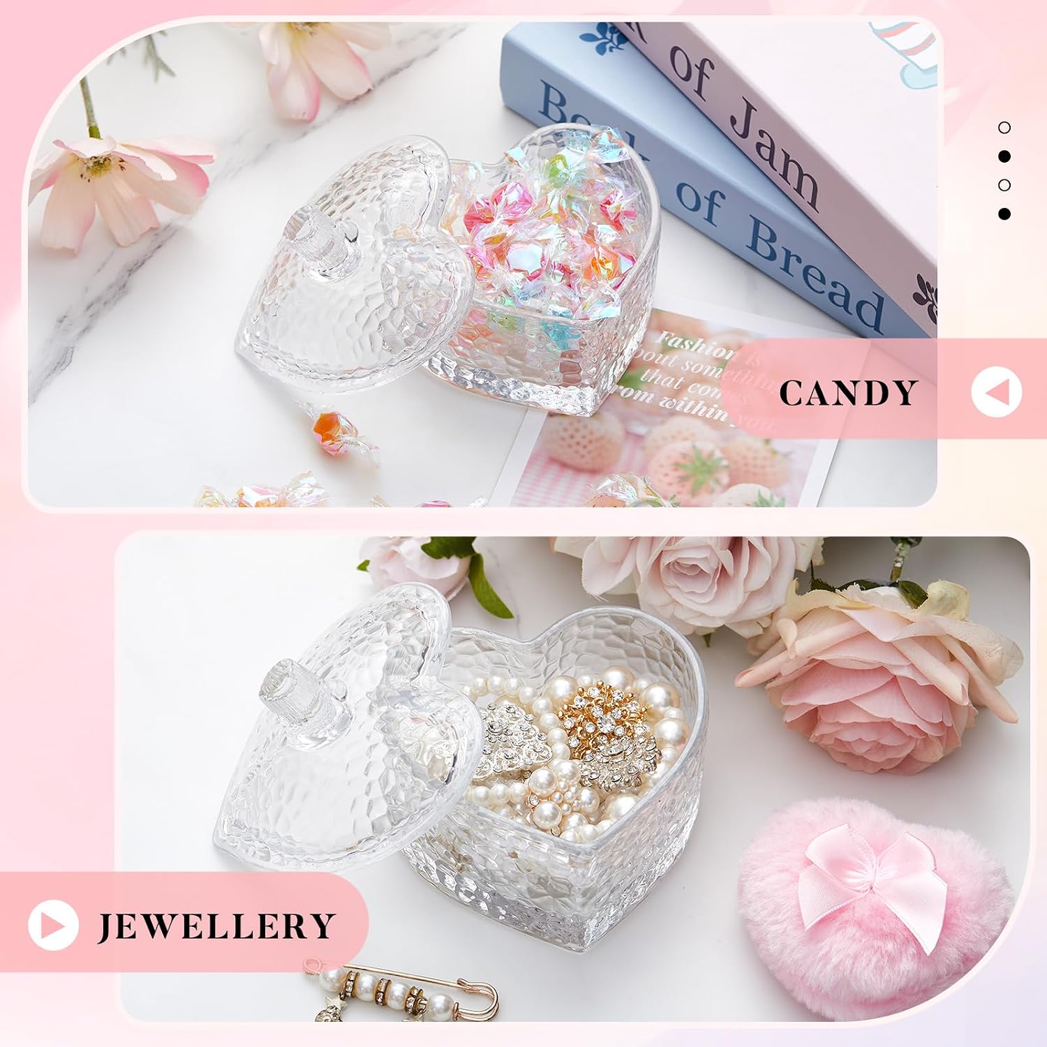 Tioncy 3 Pcs Large Body Powder Puff and Container Valentine's Day gift Powder Container with Puff Crystal Case Soft Washable Reusable Velour Face Body Glitter Wet Dry Makeup(Hammered Heart,Clear)