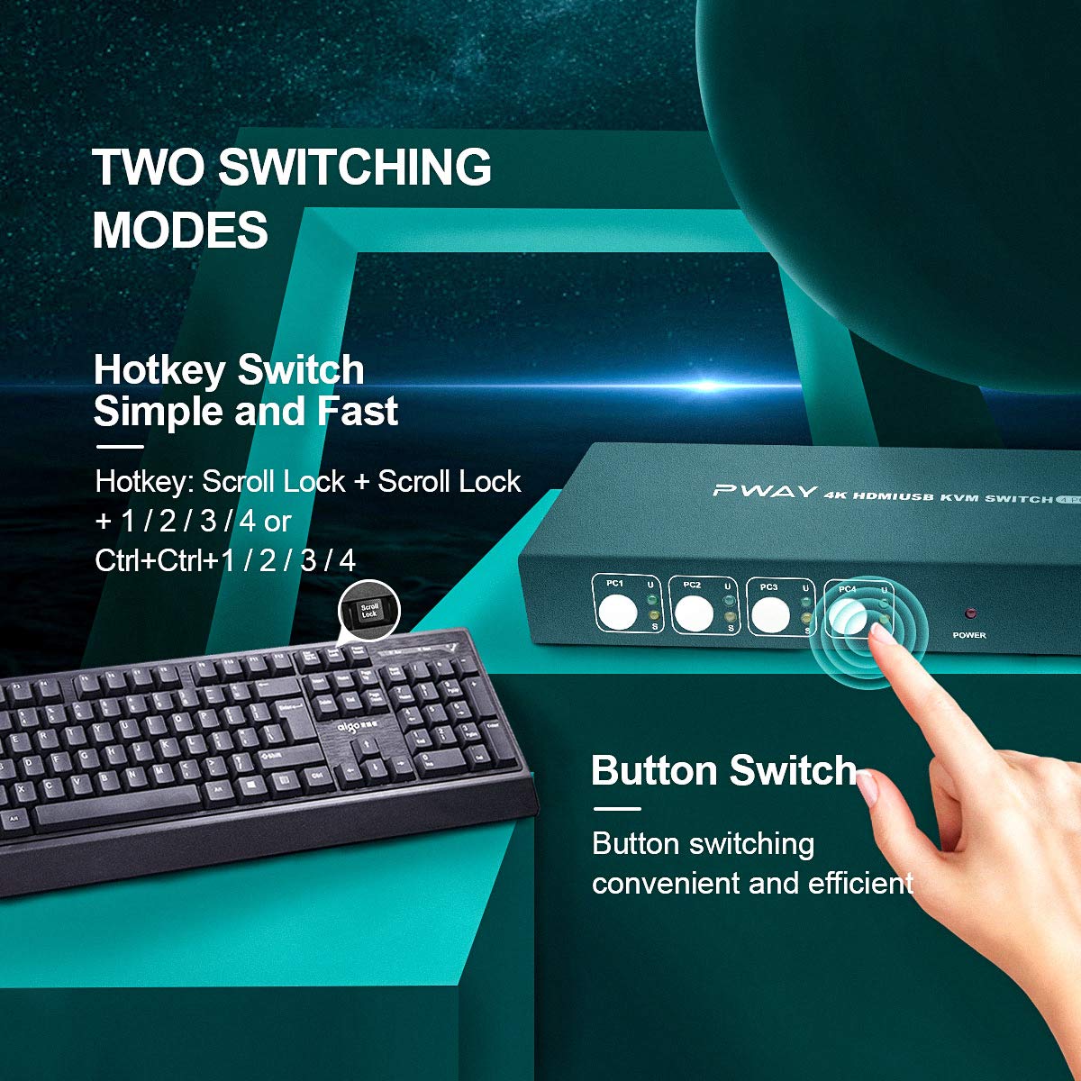 4x1 HDMI KVM Switch 4 Port Ultra HD 4K@30Hz, USB 2.0, HDCP 1.2, No