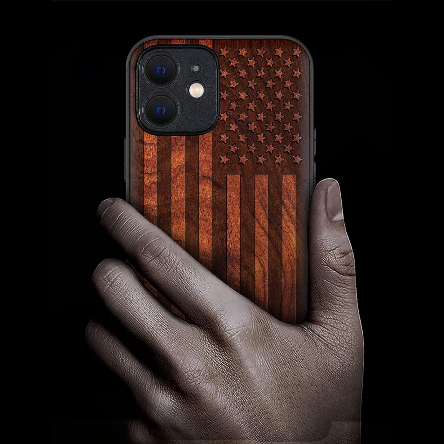 Carveit Magnetic Wood Case for iPhone 12 Mini Case [Natural Wood & Black Soft TPU] Shockproof Protective Unique & Classy Wooden Cover Compatible with MagSafe (American Flag-Rosy)