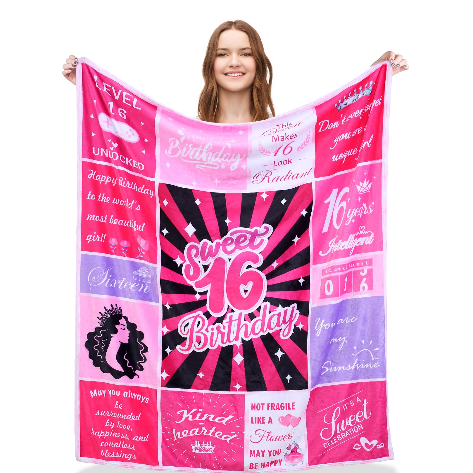 Cloele Sweet 16th Birthday Gift - Pink 16 Year Old Girl Present - Best 16th Birthday Party Decoration Throw Blanket 50