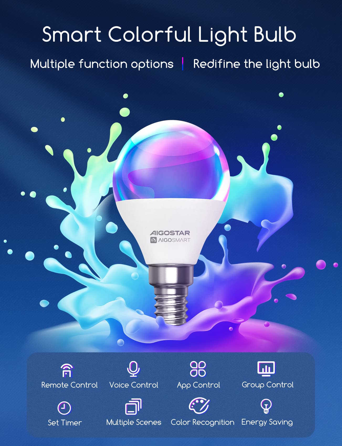 Aigostar Bombilla Inteligente, Bombilla Wifi G45 E14 6.5W, Bombilla Led Inteligente RGBCW Compatible con Alexa/Google Home, No se Requiere Concentrador. Control Remoto,Control De Voz, 6 Unidads.