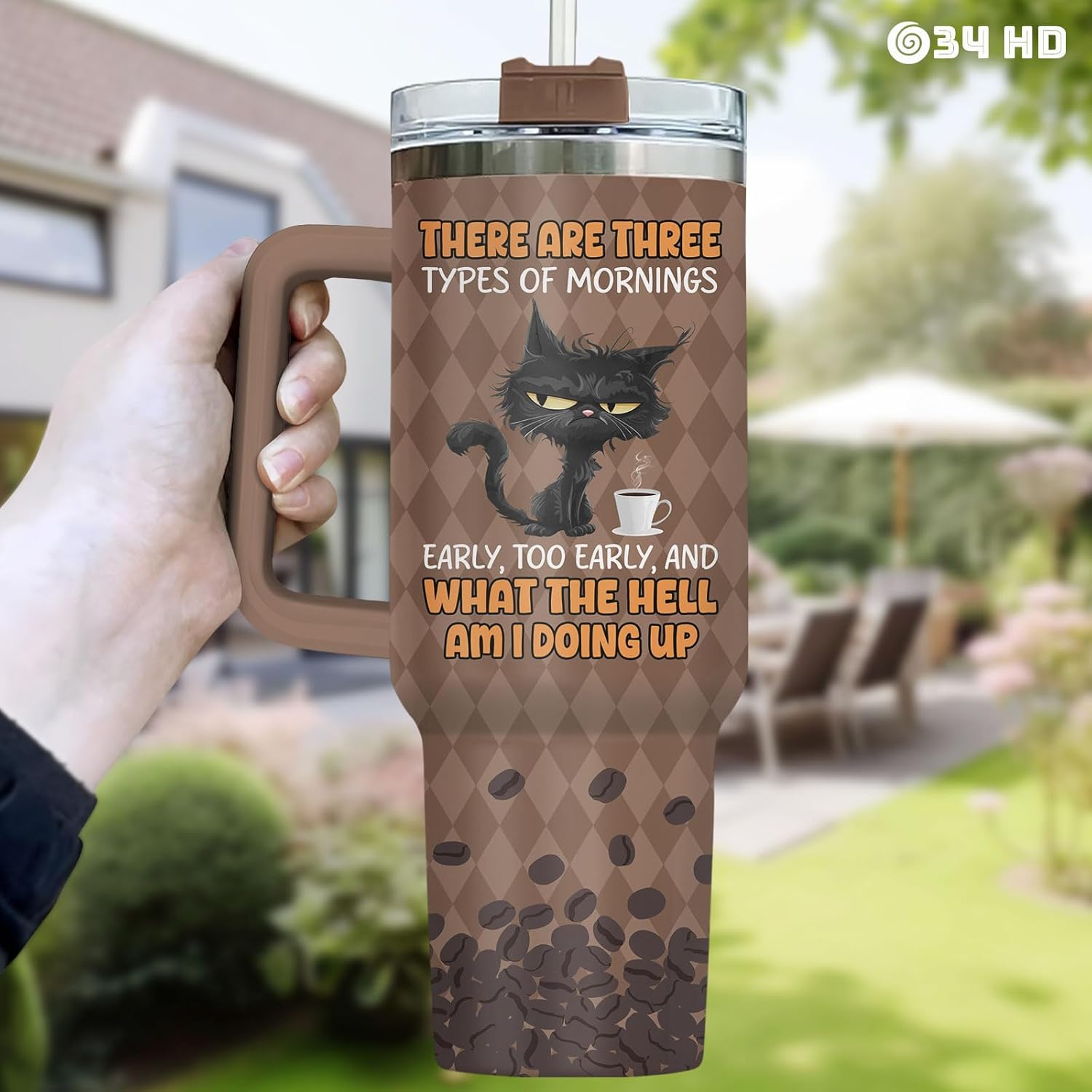 34HD Funny Cat Morning Tumbler 40oz with Handle & Straw, Night Owls Caffein Insulated Travel Mug, Feline Birthday Gifts for Men & Women, Friends and Cats Fan