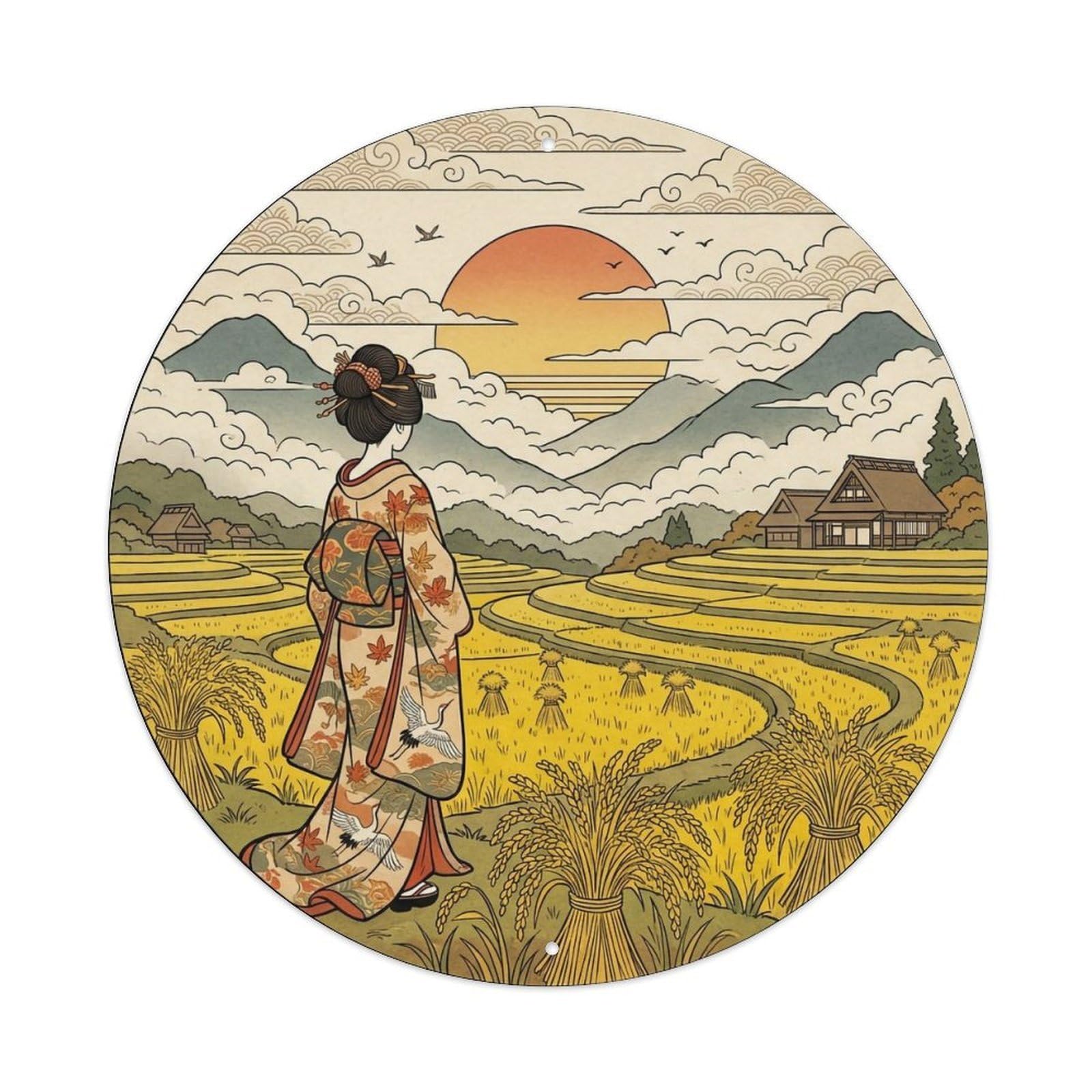 Yrnq 8X8inch Vintage Style Japanese Geisha Golden Rice Field Harvest Scenery Metal Tin Sign
