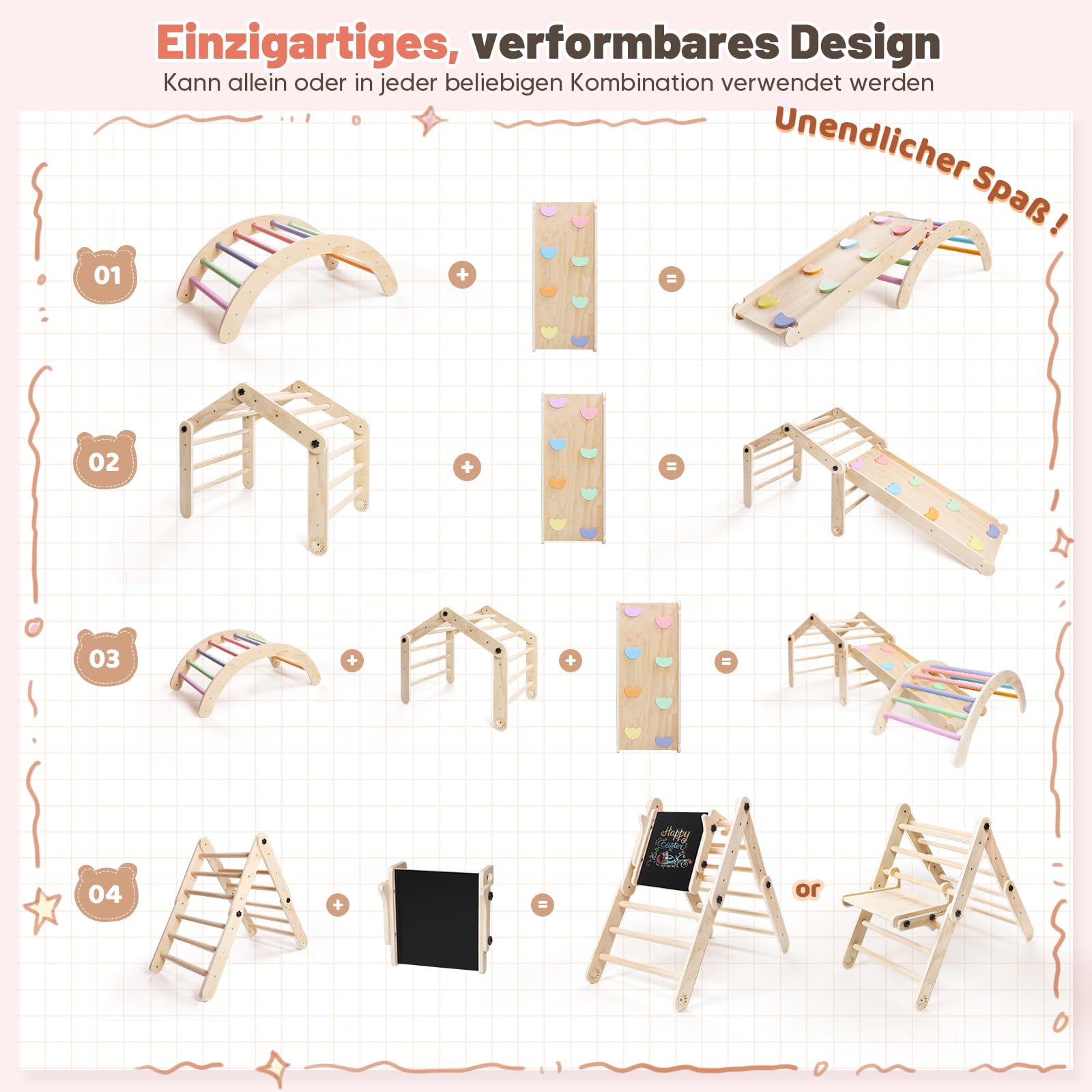 Montessori Indoor Spielset, 8-in-1 Verformbares Kletterdreieck ab 1 Jahr, Multifunktional klettergerüst Indoor mit Kletterbogen mit Kissen, Rutsche, Reißbrett, Spielplatz aus Natur Holz