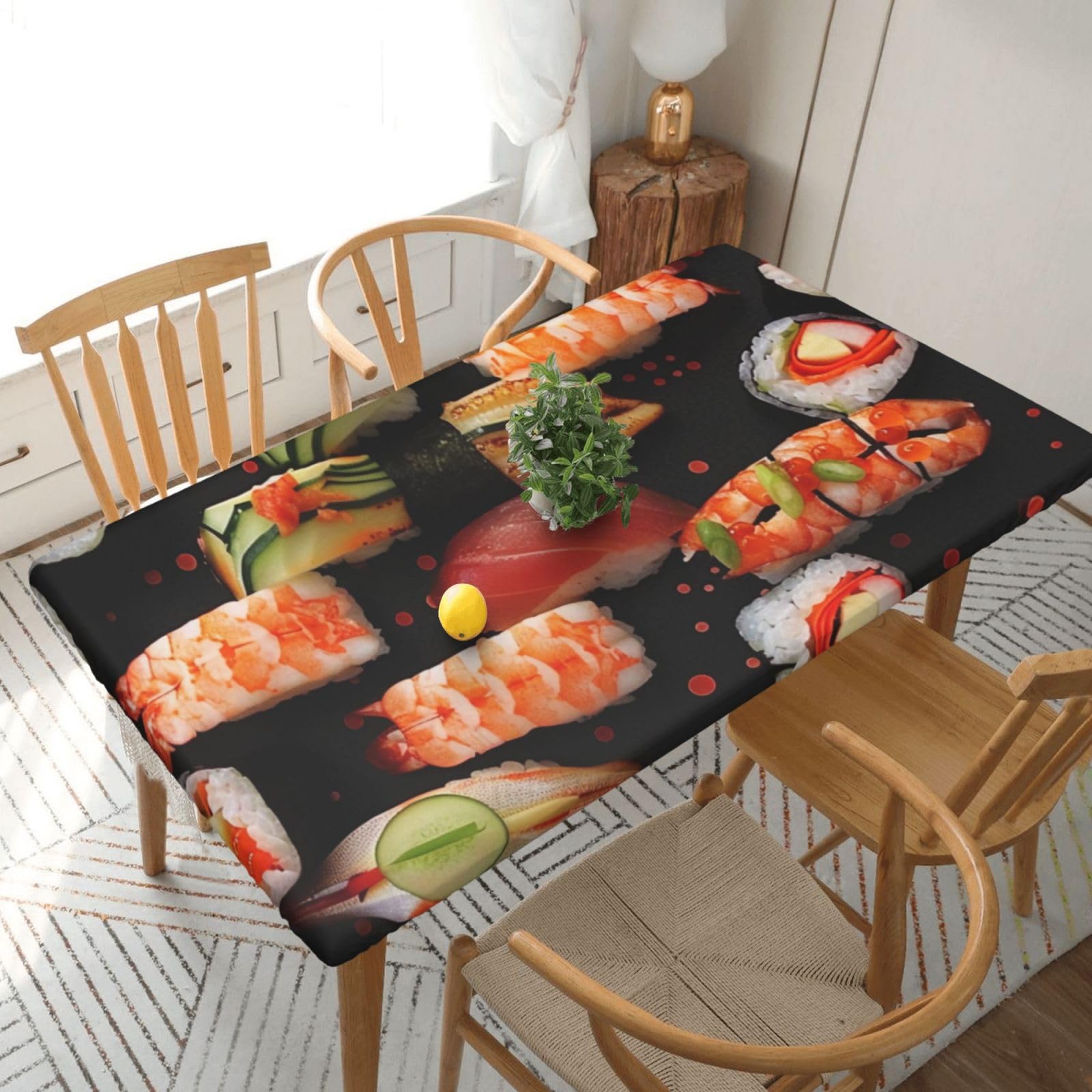 WPKJU Japanese Sushi Shrimp Printed Tablecloths 5ft Rectangular Table Covers Washable Polyester Decorative Table Cloth for Dining Table Picnic Wedding