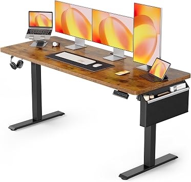 ErGear Height-Adjustable Standing Desk With Storage Pocket, 63 x 24 Inch Electric Workstation, Memory Presets for Home & Office, Vintage Brown
