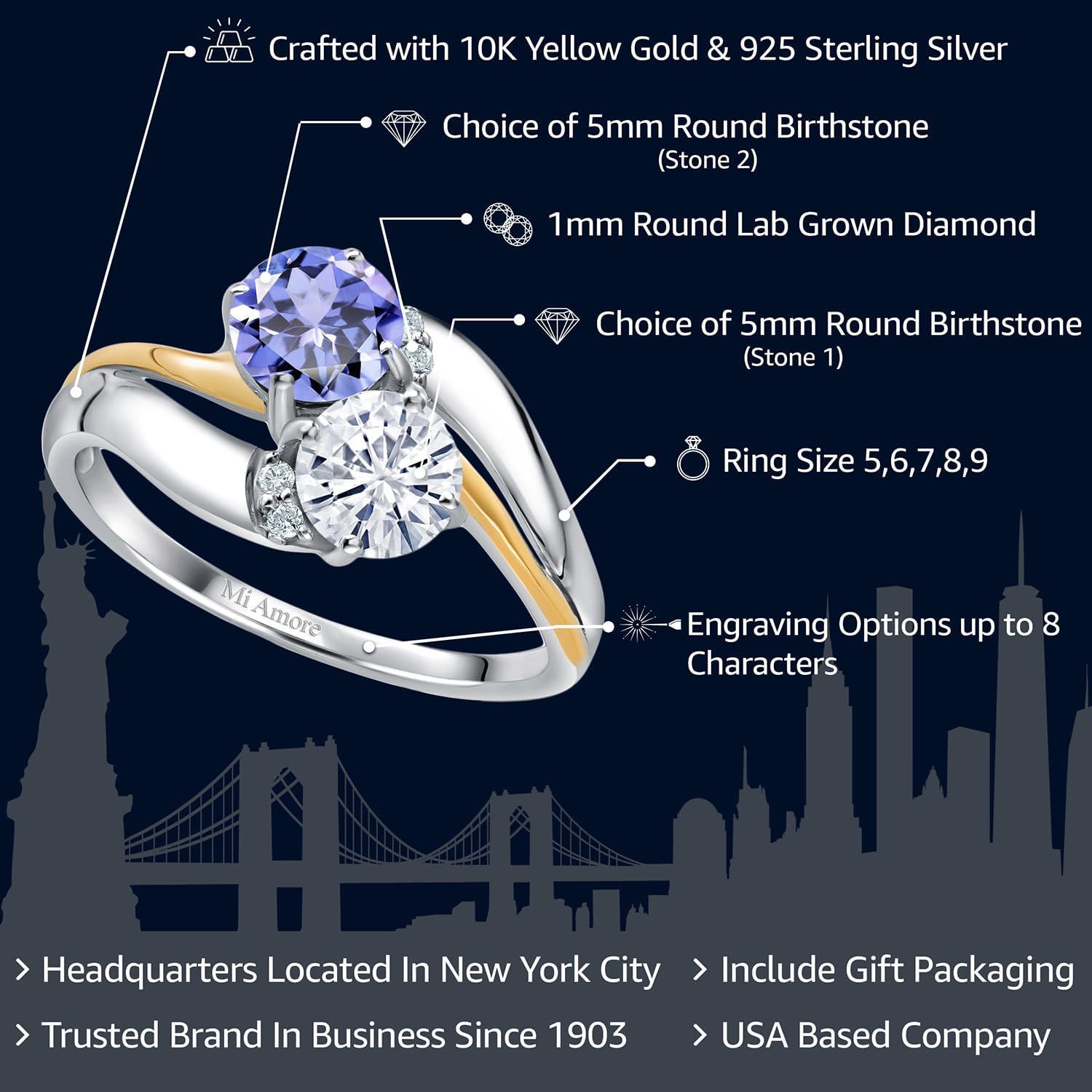 Gem Stone King 925 Silver and 10K Yellow Gold Customized and Personalized 5MM Round 2 Stone Gemstone Birthstone and White Lab Grown Diamond Accent Name Engraved Ring For Women