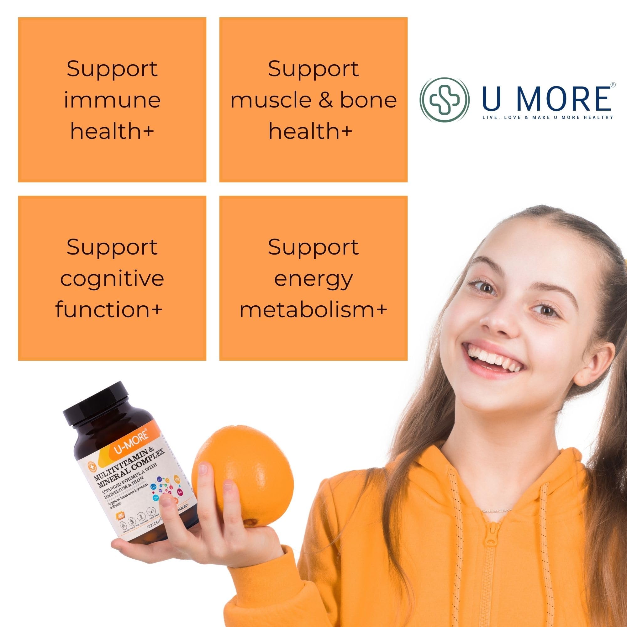 U-MORE Multivitamin ve Mineral Kompleksi, Vegan, Şekersiz, Glutensiz, Kalsiyum, Magnezyum, A, B1, B2, B5, B6, B12, D3, K, C Vitaminleri, Demir, Çinko - 60 Tablet