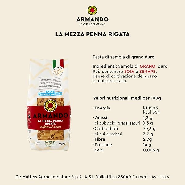 Armando, La Mezza Penna Rigata, Pasta Trafilata al bronzo di Semola di Grano Duro di Filiera 100% Italiano - 1 confezione da 500 gr - 2