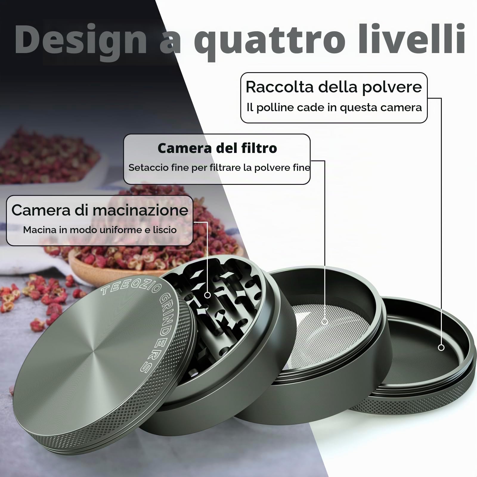 Spezie Erbe Grinder Polline Grinder Crusher Ø 75 mm in Lega di Alluminio - 4 Parti - Denti a Diamante, per Spezie, Erbe, Caffè con Raschietto & Spazzola (Grigio)