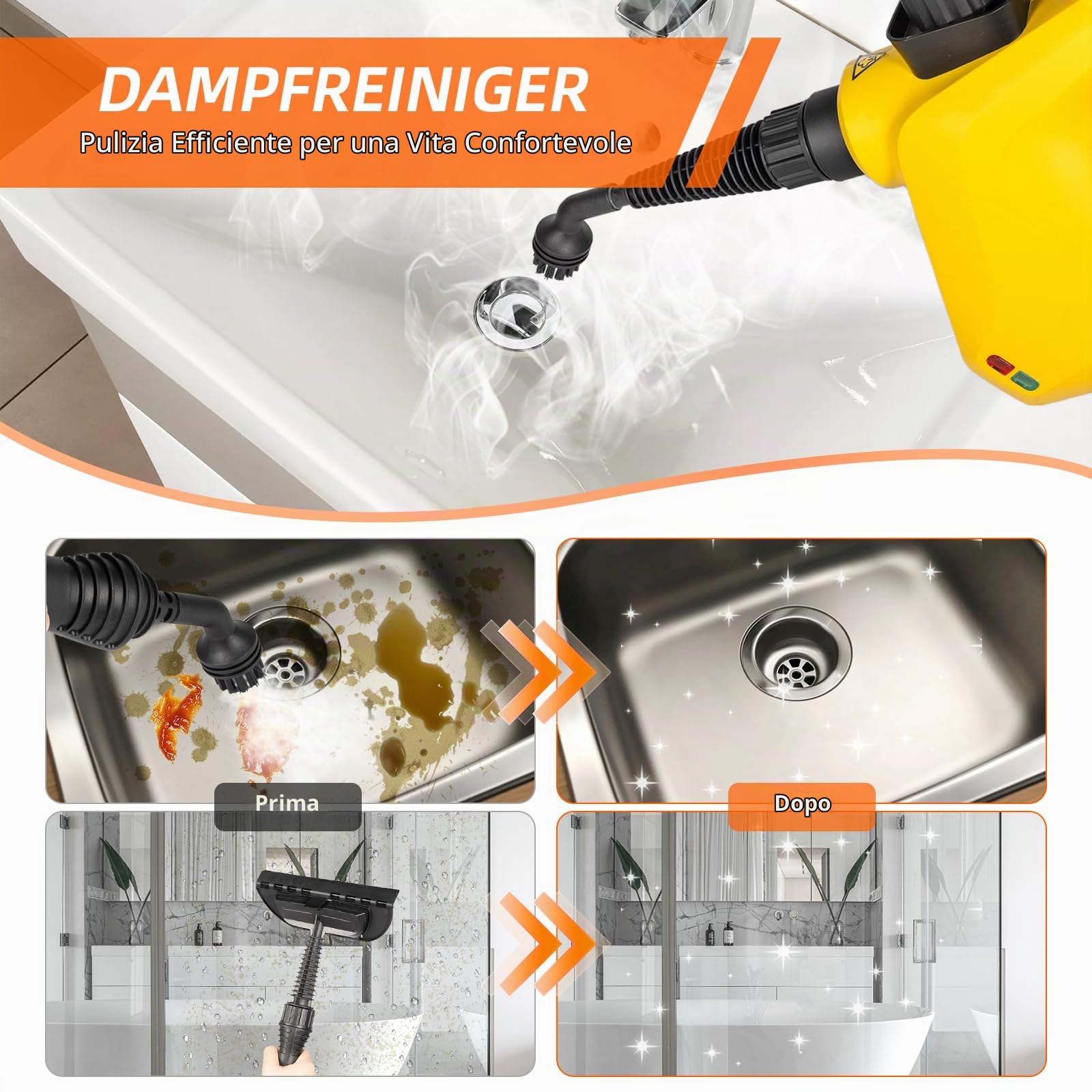 Carehabi Pulitore a Vapore Pulitore Vapore Casa Con 9 Accessori e Blocco Di Sicurezza per Rimuovere le Macchi da Pavimena, Moquette, Tende, Seggiolini Auto, Cucina, Cimici, Bagni e Altro