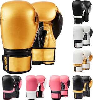 MAX STRENGTH Boxing Gloves | Set in 16oz 14oz 12oz 10oz 8oz for Pro Sparring Kickboxing MMA Muay Thai | Extra Padded Protection for Men Women & Kids with Ventilated Palm (Golden/Black 8oz)