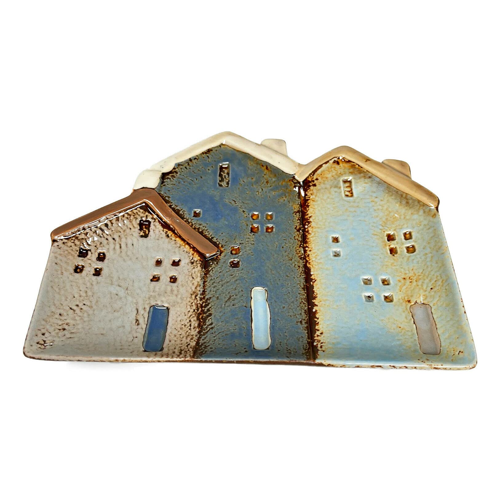 Darthome Ceramic Cottage Houses Decorative Plate Row Blue Jewellery Coins Trinket Dish