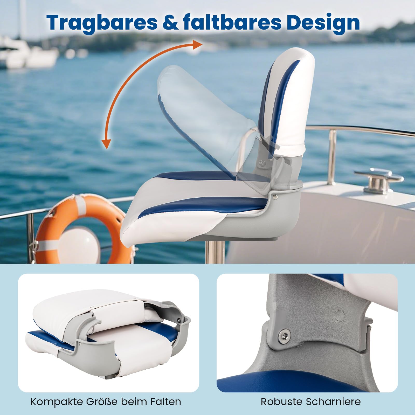 GYMAX Set de 2 Sillas Plegables para Barco, Silla de Timón Resistente a la Intemperie con Almohadón de Espuma Gruesa y Superficie de PVC Impermeable, Silla Ergonómica para Barcos, para Yates, Botes
