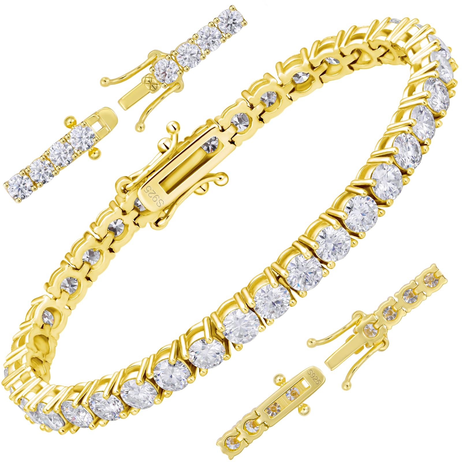 Gugots Moissanite Tennis Bracelet for Women Men White/Yellow Gold Plated S925 Sterling Silver D Color VVS1 Round Cut Moissanite Bracelets 2/3/4/5/6MM