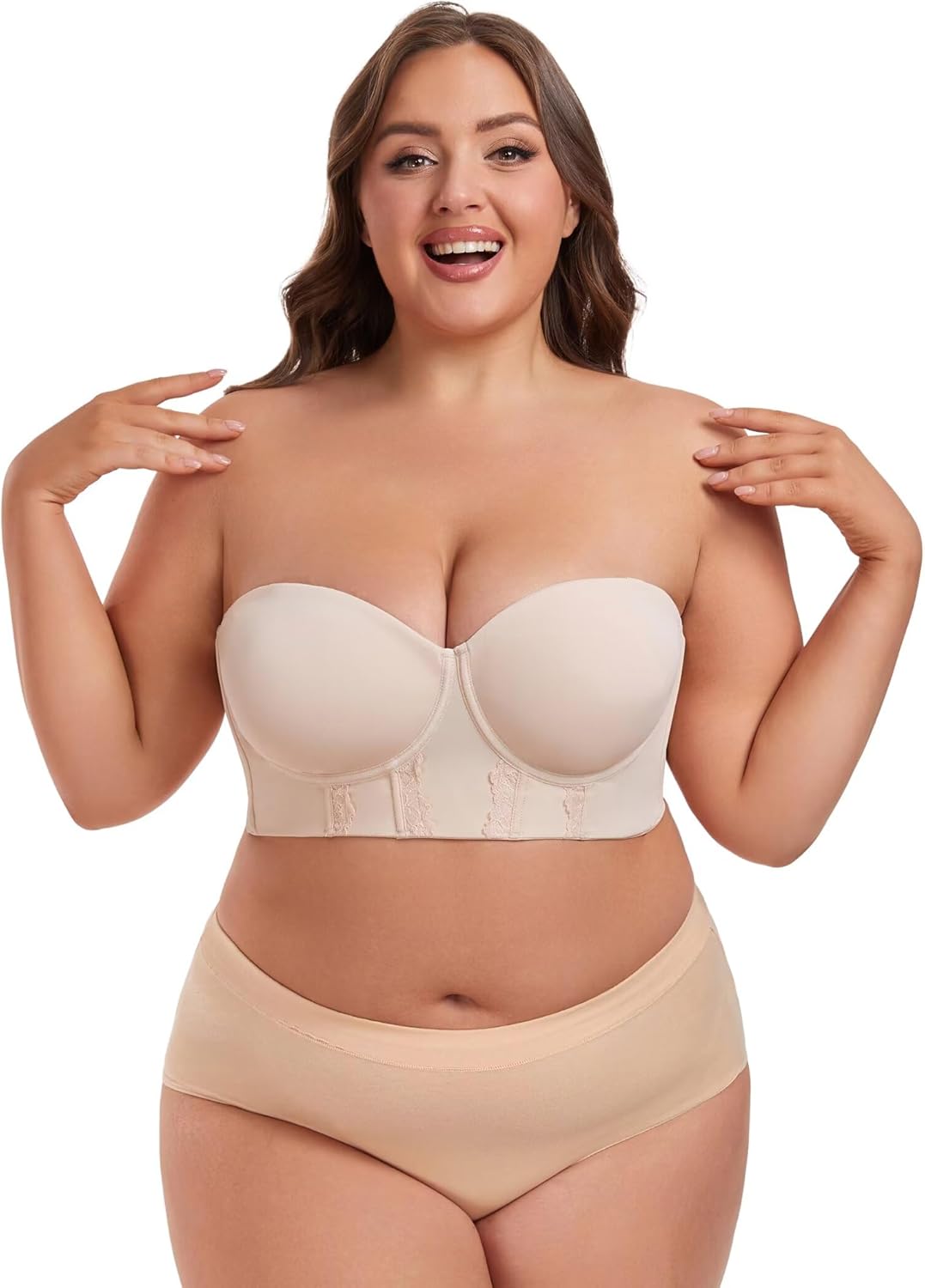 Lusait Women's Longline Strapless Bra Underwired Full Coverage Corset Bra Push Up Boned Hide Back Fat Beige 38B - Image 4