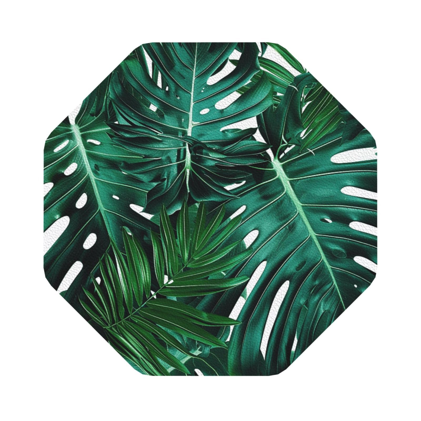 Cute green palm leaves Print Leather Coaster Set of 6, Octagon Coasters Table Decorative Coffee Cup Beverage Coasters Wine Beer Bar Coasters for Hot Drinks Table Protection