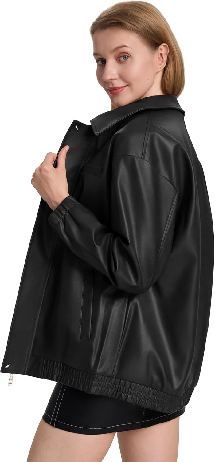 Womens Oversized Faux Leather Winter Bomber Jackets For Women Y2k Fashion Motorcycle Going Out Jacket Black XL - Image 5