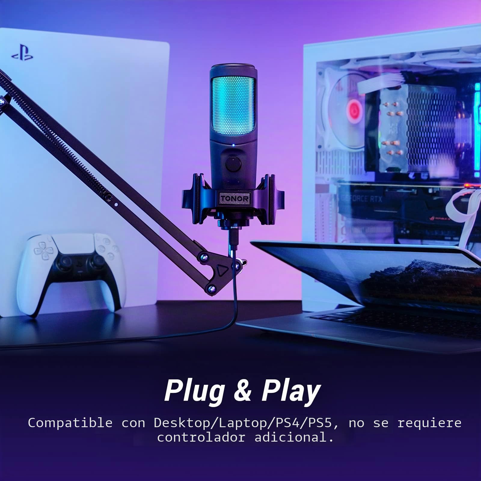 TONOR Micrófono USB RGB Gaming, para Streaming Micrófono de Condensador Cardioide, Micrófono de Estudio con Brazo Soporte TC40 RGB